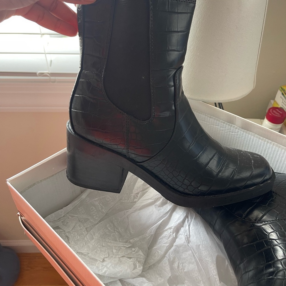 Black Croc-Embossed Ankle Boots